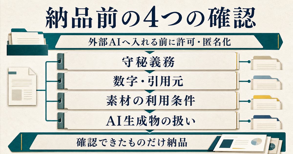 資料作成代行で守秘義務・数字と引用元・素材の利用条件・AI生成物の扱いを納品前に確認する図