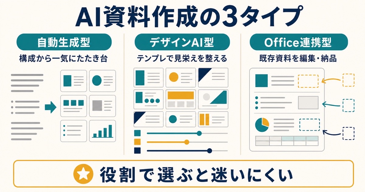 自動生成型とデザインAI型とOffice連携型の役割を比較した図解