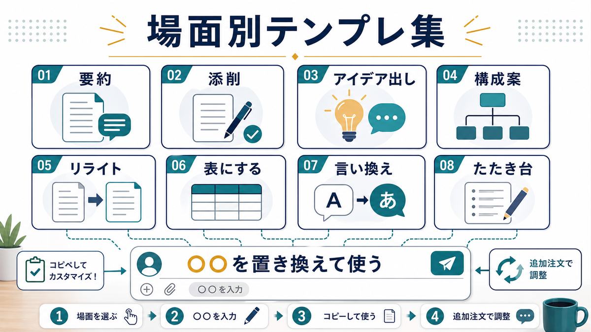 要約、添削、アイデア出し、構成案、リライト、表にする、言い換え、たたき台の場面別プロンプトテンプレを示す図解
