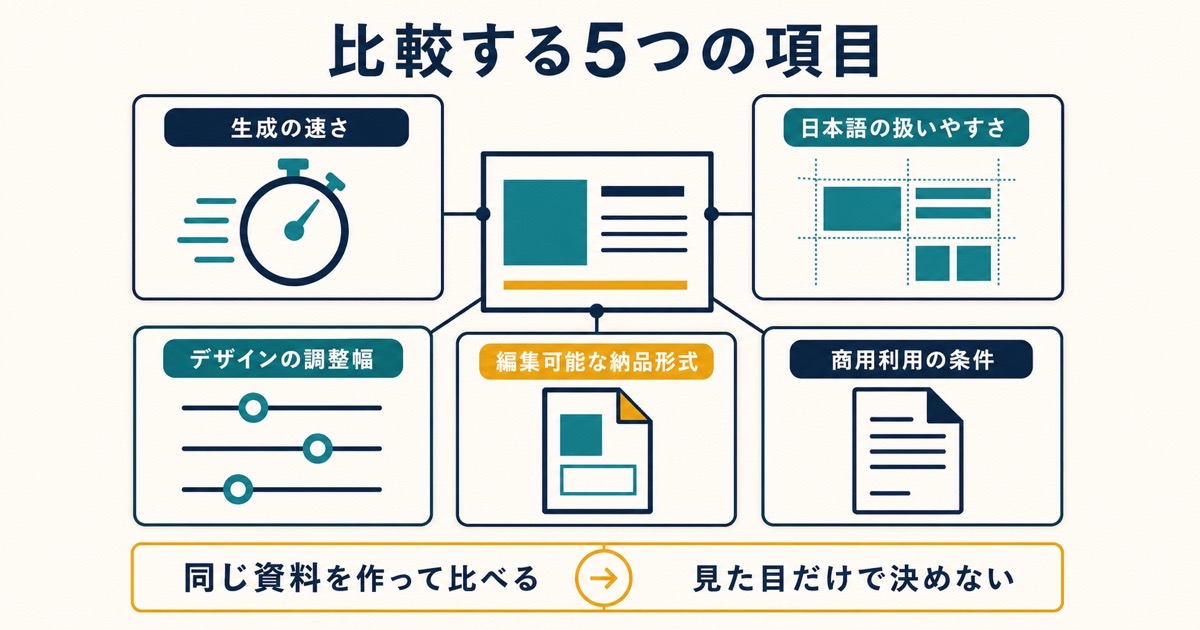生成速度と日本語とデザインと編集可能な納品形式と商用条件の5項目で比較する図解