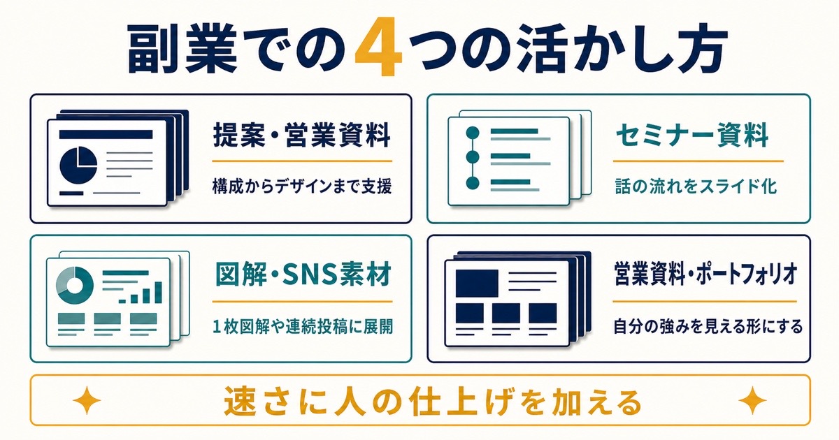 提案営業資料とセミナー資料と図解SNS素材と営業ポートフォリオへの活用を示す図解