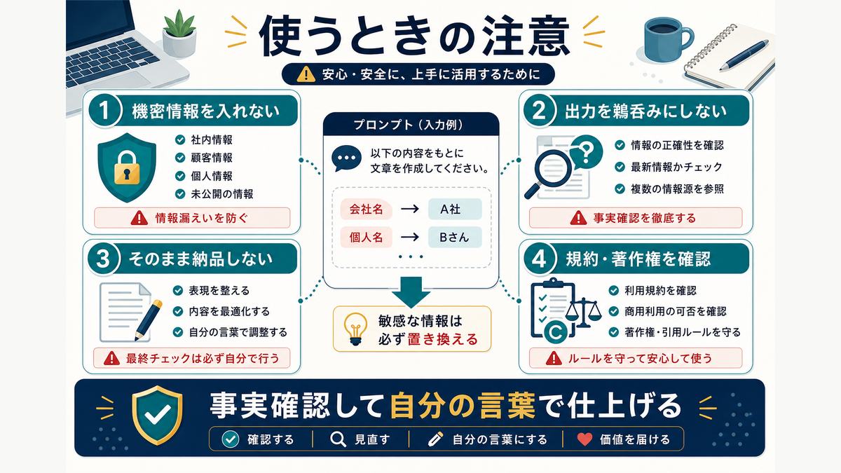 AIプロンプトを使うときの注意として機密情報を入れない、出力を鵜呑みにしない、そのまま納品しない、規約と著作権を確認することを示す図解