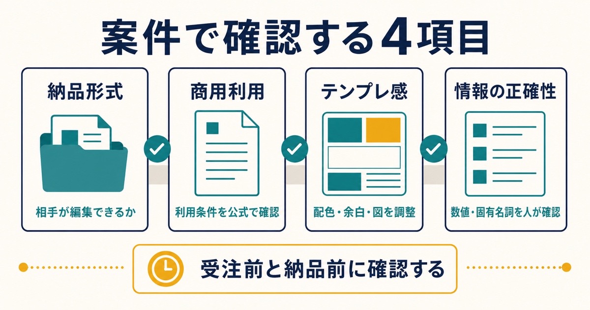 納品形式と商用利用とテンプレ調整と情報の正確性を確認する4項目の図解