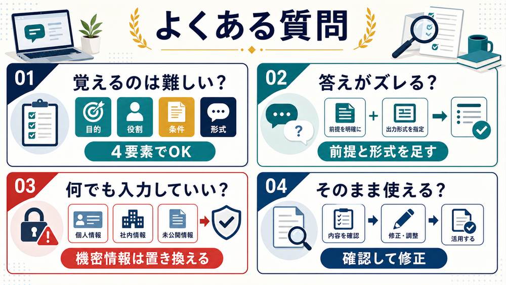 AIプロンプトのよくある質問として4要素で覚える、前提と形式を足す、機密情報を置き換える、確認して修正することをまとめたFAQ図解