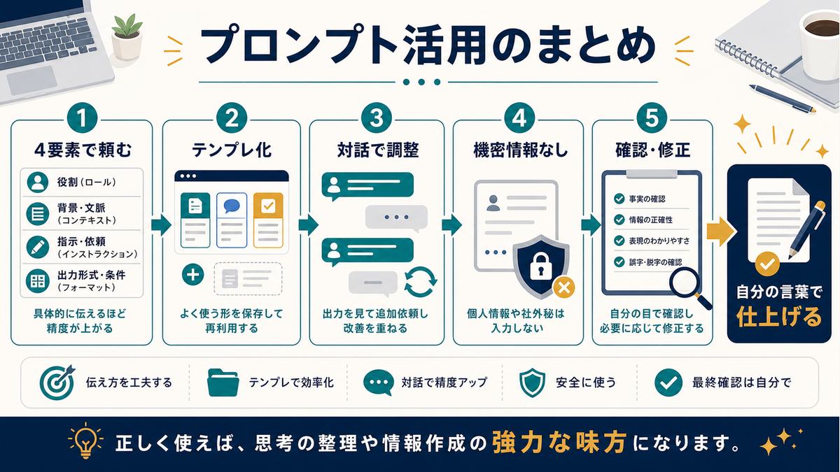 AIプロンプト活用のまとめとして4要素、テンプレ化、対話調整、機密情報なし、確認修正、自分の言葉で仕上げる流れを示す図解