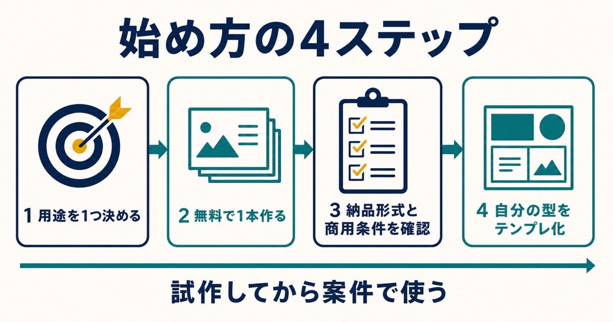 用途決定から無料試作と納品商用条件の確認とテンプレ化へ進む4ステップの図解