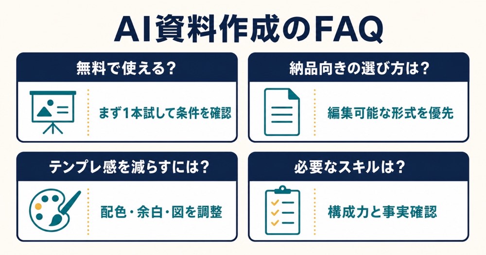 無料利用と納品形式とテンプレ感と必要スキルを整理したAI資料作成のFAQ図解