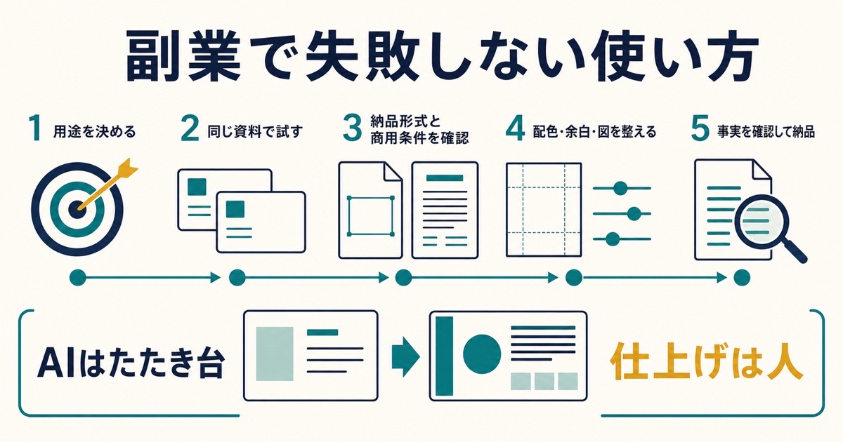 用途決定から同じ資料での試作と条件確認とデザイン調整と事実確認を経て納品する5段階図解
