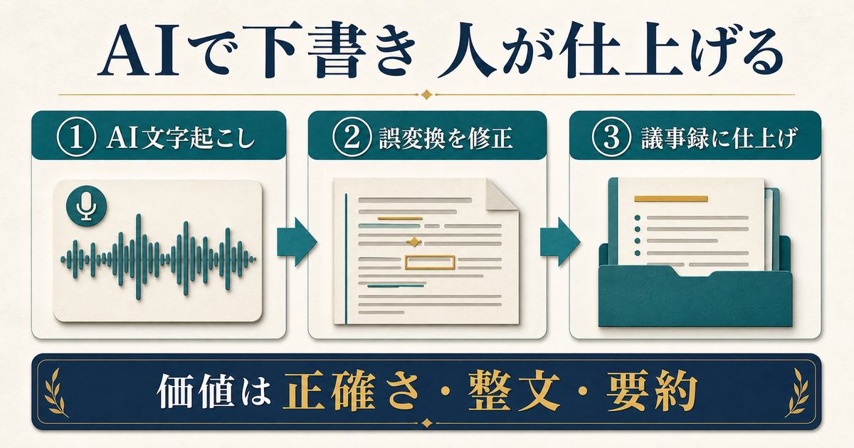 AI文字起こしから誤変換の修正と議事録の仕上げまでを3段階で示した図