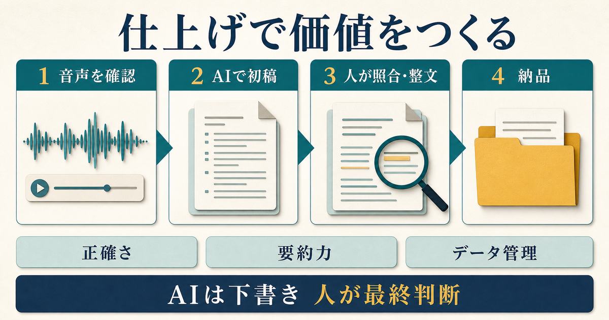 音声確認からAI初稿・人の照合整文・納品までと正確さ・要約力・データ管理を示すまとめ図