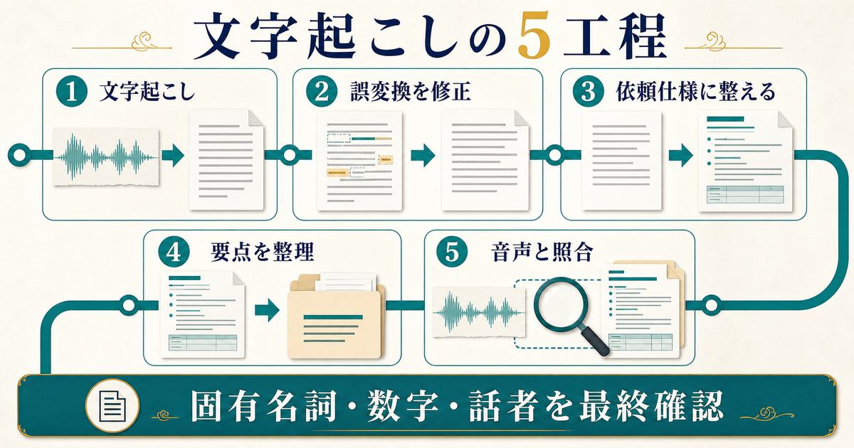 AI文字起こしから誤変換修正・整文・要点整理・音声照合までの5工程の図