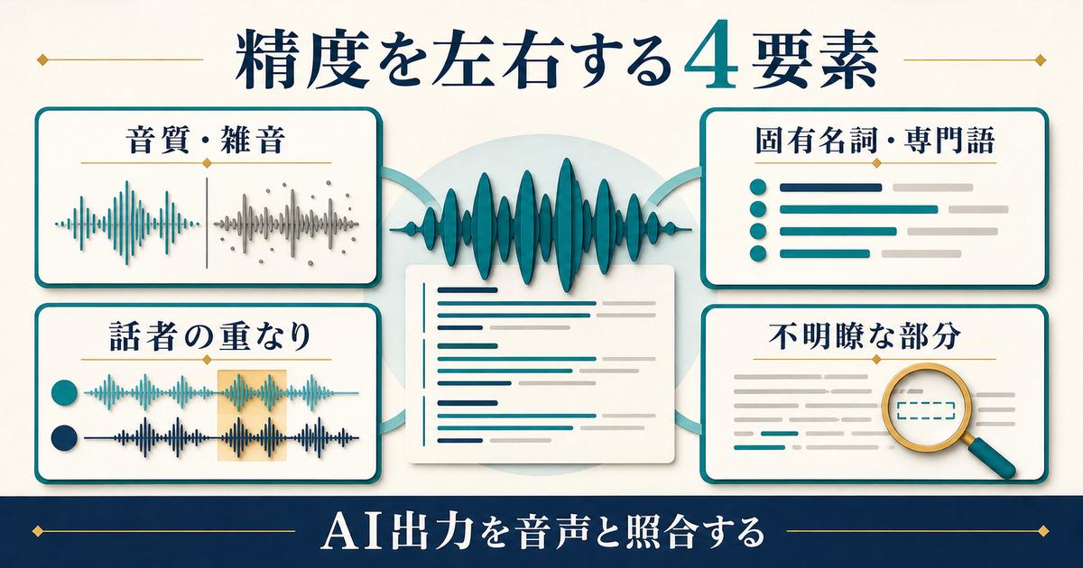 文字起こし精度を左右する音質・専門語・話者の重なり・不明瞭部分を整理した図