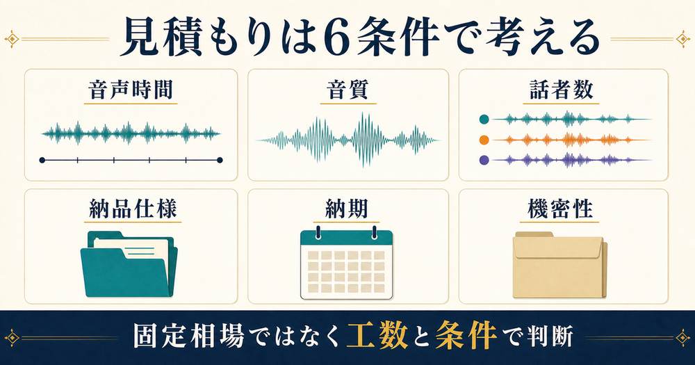 文字起こしの見積もりを音声時間・音質・話者数・納品仕様・納期・機密性で考える図
