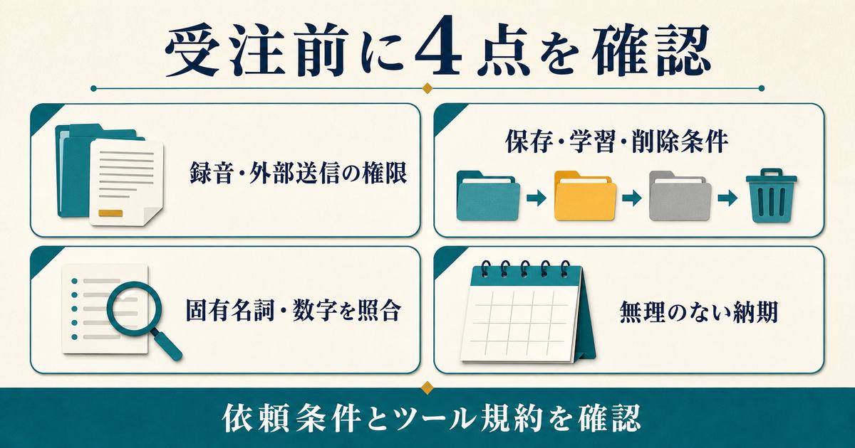 機密音声の録音・外部送信・保存削除・正確性・納期を受注前に確認する図