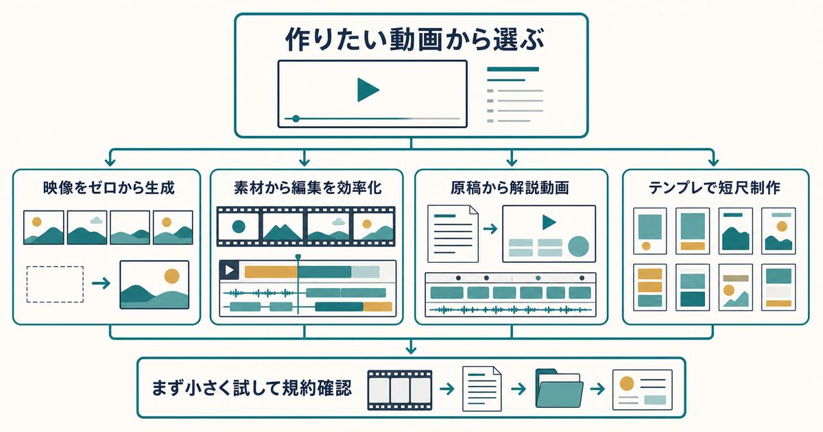 作りたい動画からAI動画生成ツールの4タイプを選び小さく試して規約を確認する図解