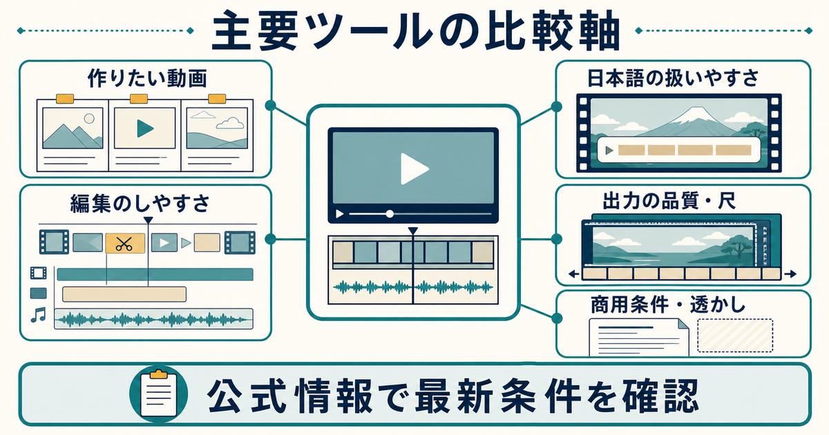 AI動画生成ツールを用途と日本語と編集と出力品質と商用条件で比較する図解