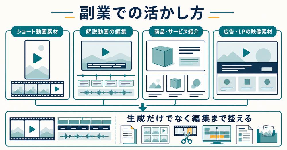 AI動画をショート素材と解説編集と商品紹介と広告LP素材に活かす図解