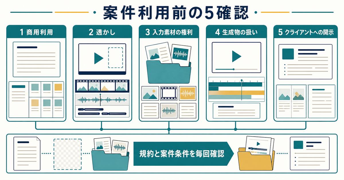 AI動画の案件利用前に商用利用と透かしと素材権利と生成物と開示を確認する図解