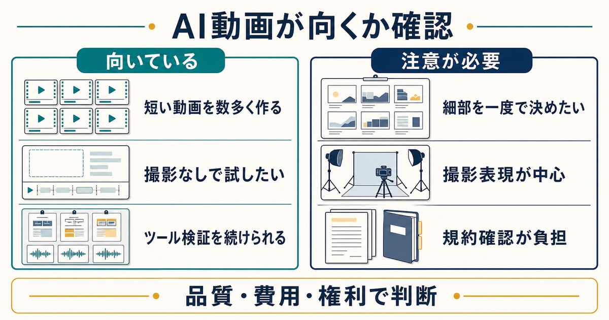 AI動画生成が向く場面と利用時に注意が必要な場面を比較する図解