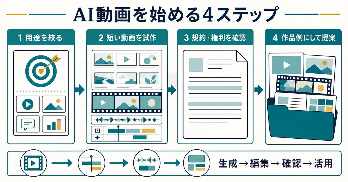 用途決定から試作と規約確認と作品例の提案へ進むAI動画の4ステップ