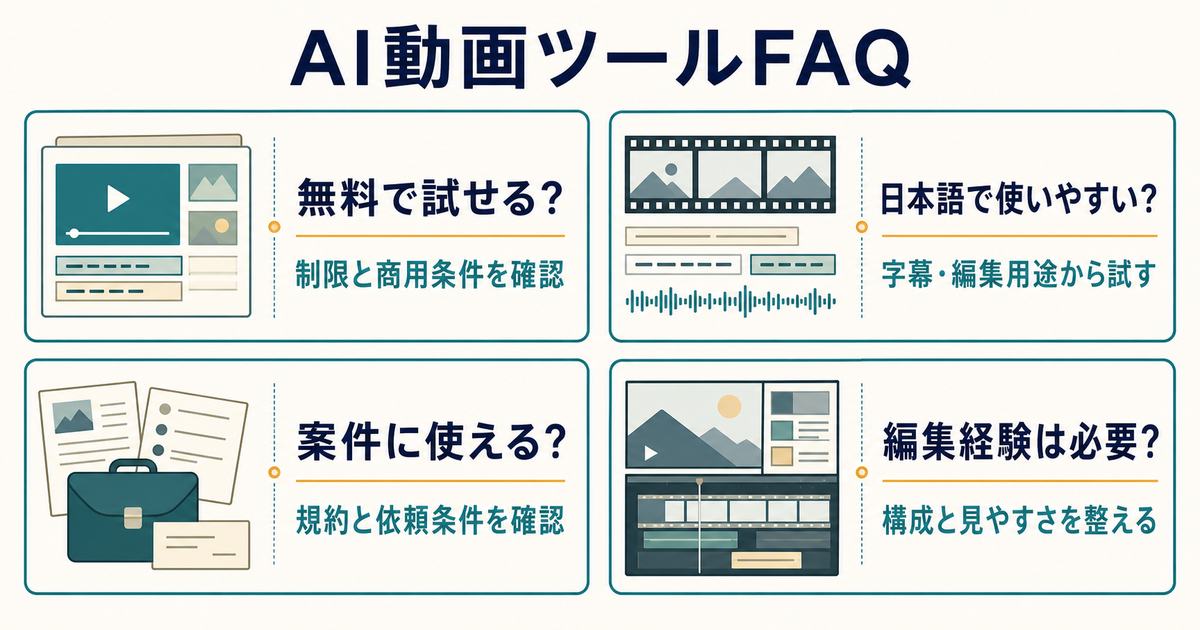 無料枠と日本語と案件利用と編集経験を整理したAI動画生成ツールFAQ図解