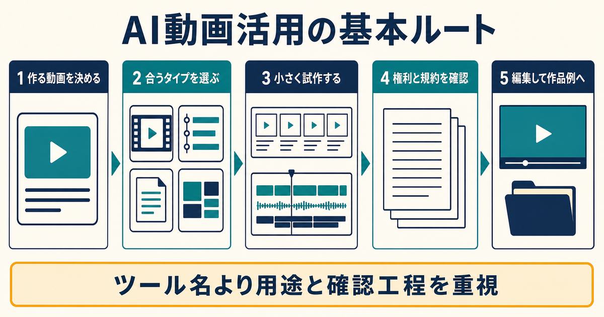 AI動画の用途決定からタイプ選択と試作と権利確認と作品例作成へ進む基本ルート