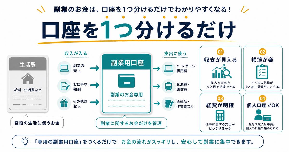 副業用口座を1つ分けるだけで収支、帳簿、経費が見えやすくなり、個人名義で始められることを示す図解