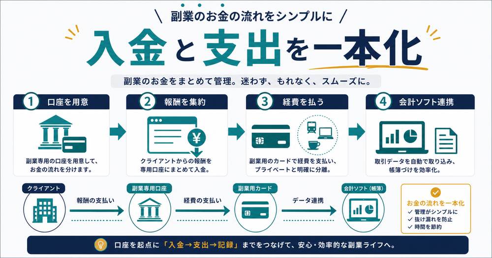 副業のお金の管理手順として口座を用意し、報酬を集約し、経費を払い、会計ソフトと連携する流れを示す図解