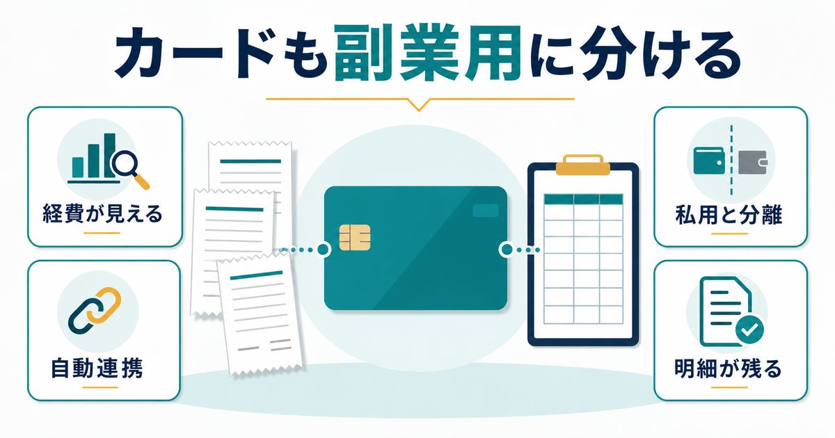 副業用のクレジットカードを分けると経費が見え、自動連携でき、私用と分離でき、明細が残ることを示す図解