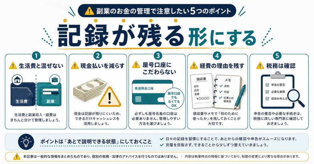 副業のお金管理で生活費と混ぜない、現金払いを減らす、屋号口座にこだわらない、経費理由を残し税務を確認する注意点を示す図解