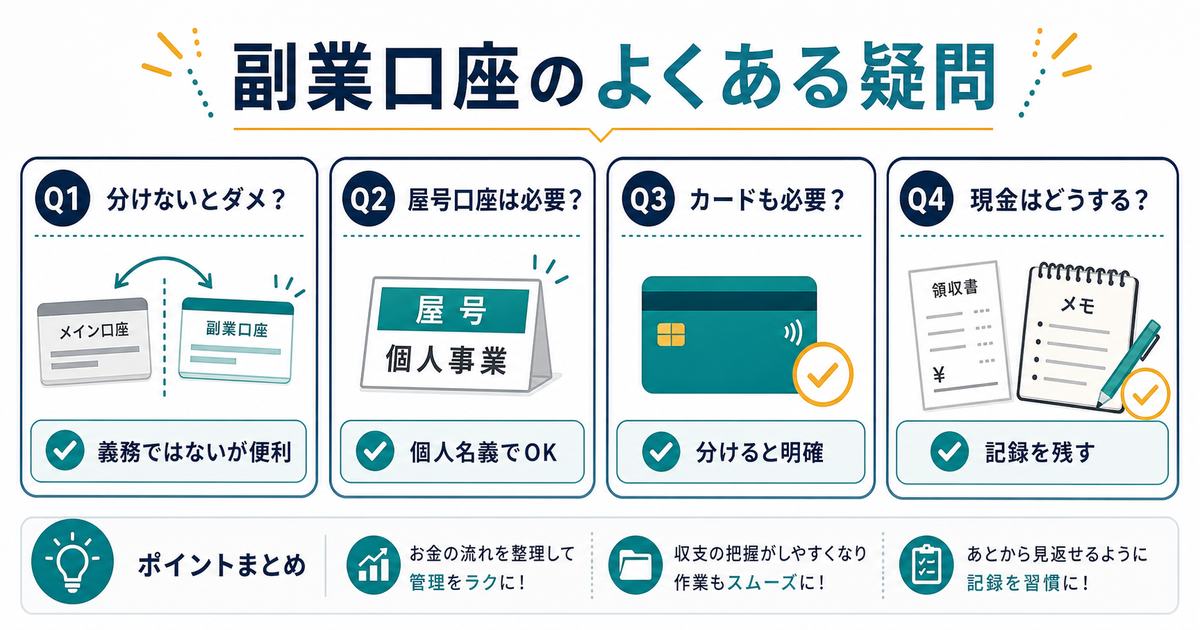 副業用口座のFAQとして口座を分ける必要、屋号口座、カード、現金管理について要点を示す図解
