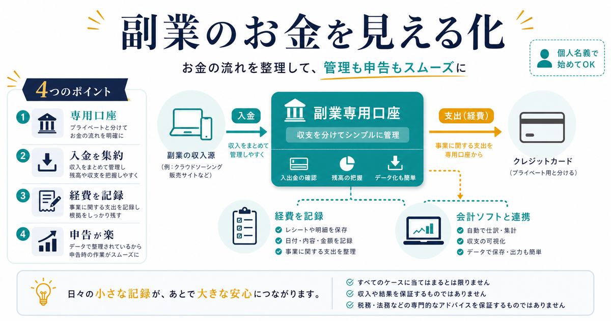 副業のお金を見える化するまとめとして専用口座、入金集約、経費記録、申告が楽になる流れを示す図解