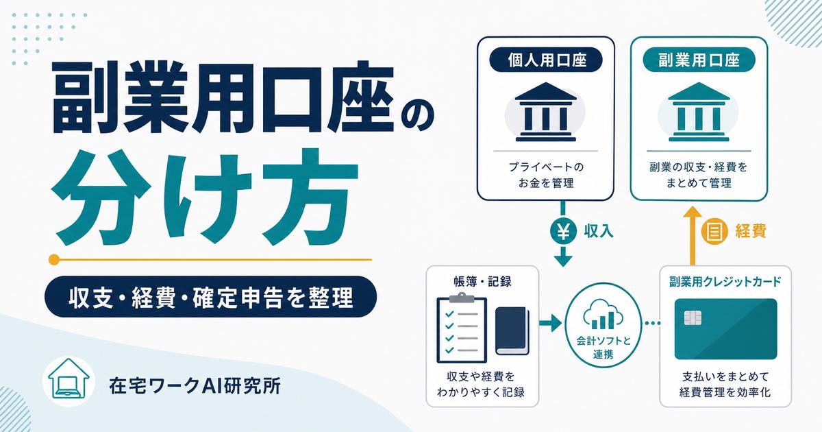副業用口座の分け方として収支、経費、確定申告を整理するために専用口座と専用カードを分ける図解