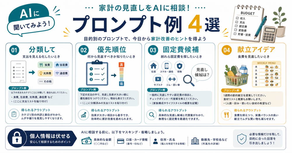 AIに家計の支出分類、節約の優先順位、固定費候補、献立アイデアを頼む例と個人情報を伏せる注意を示す図解