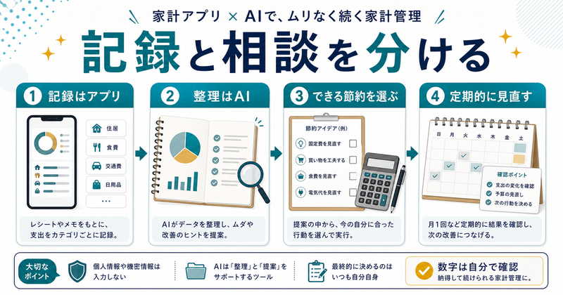 家計簿アプリで記録し、AIで整理し、できる節約を選び、定期的に見直す流れを示す図解