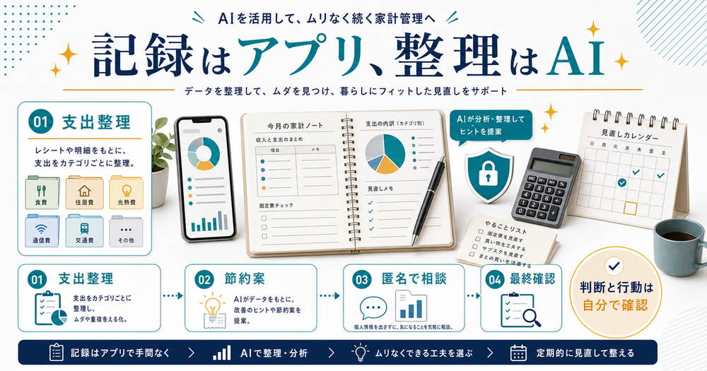 AI家計活用のまとめとして支出整理、節約案、匿名で相談、最終確認を示し、記録はアプリ、整理はAIと示す図解