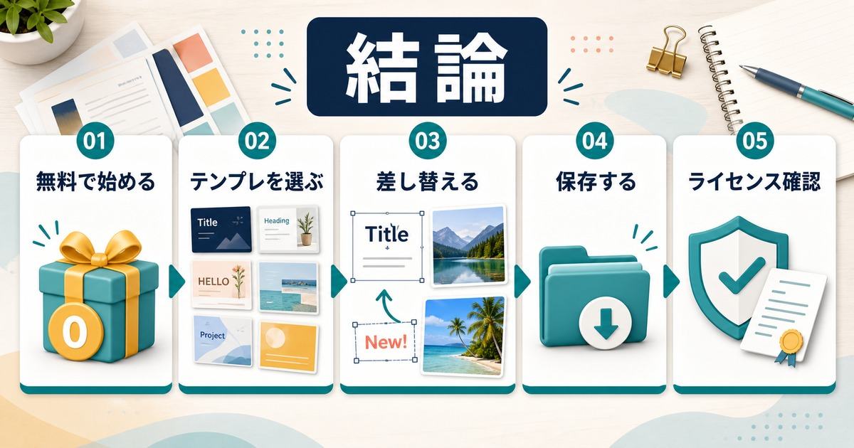 Canvaを無料で始めてテンプレを選び差し替えて保存しライセンス確認する図解