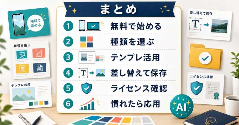 Canvaを無料で始め種類を選びテンプレを活用し保存とライセンス確認を行うまとめ図