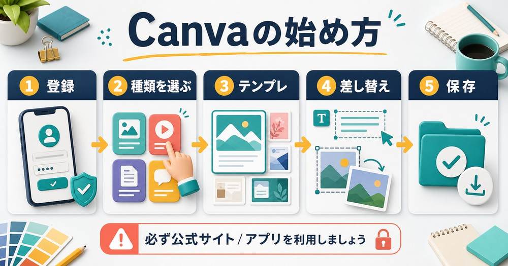 Canvaを登録して種類を選びテンプレを差し替えて保存する手順の図解