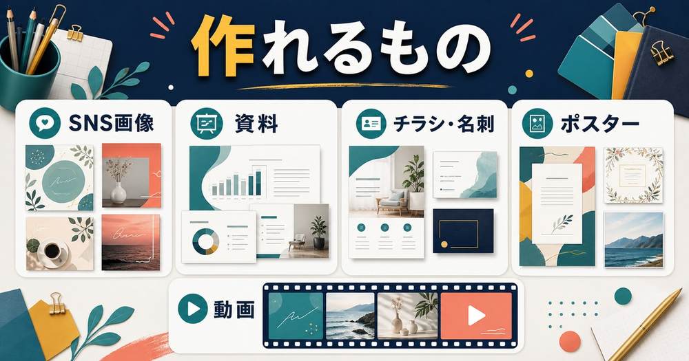 Canvaで作れるSNS画像や資料やチラシ名刺やポスターや動画の例をまとめた図解