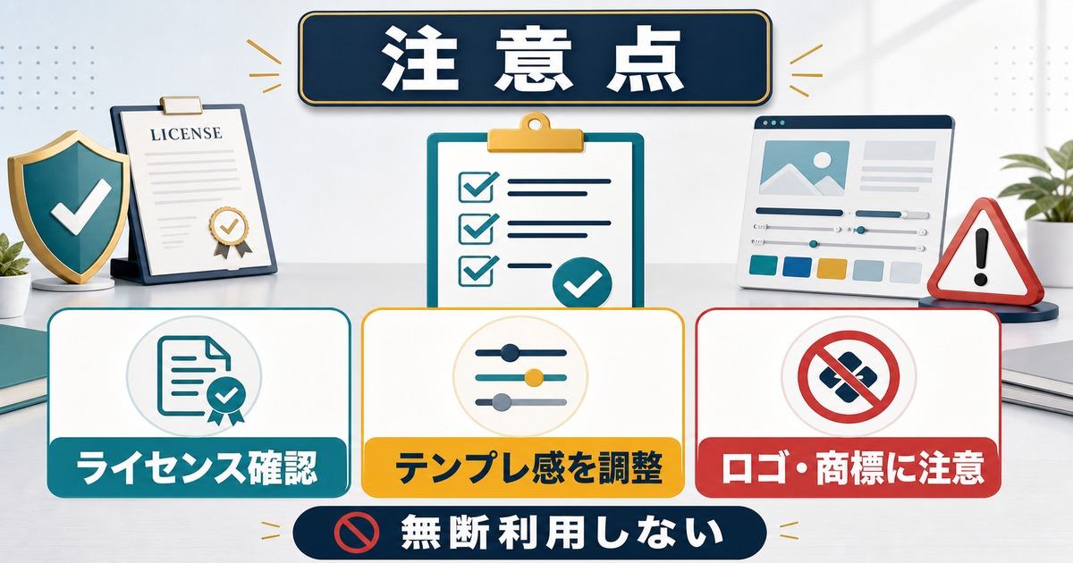 Canvaで商用利用のライセンス確認やテンプレ調整やロゴ商標への注意を示す図解