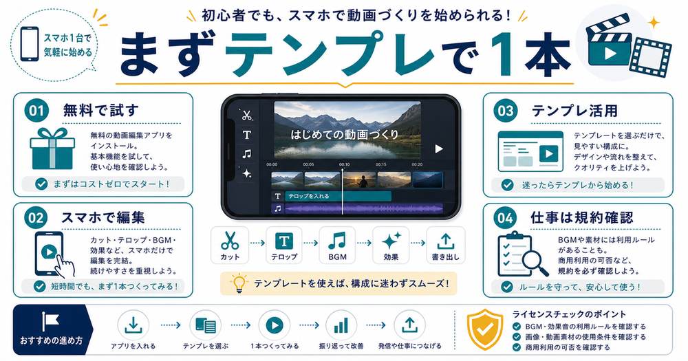 CapCutは無料版とスマホで試しやすく、テンプレ活用と仕事利用時の規約確認が大切だと示す図解
