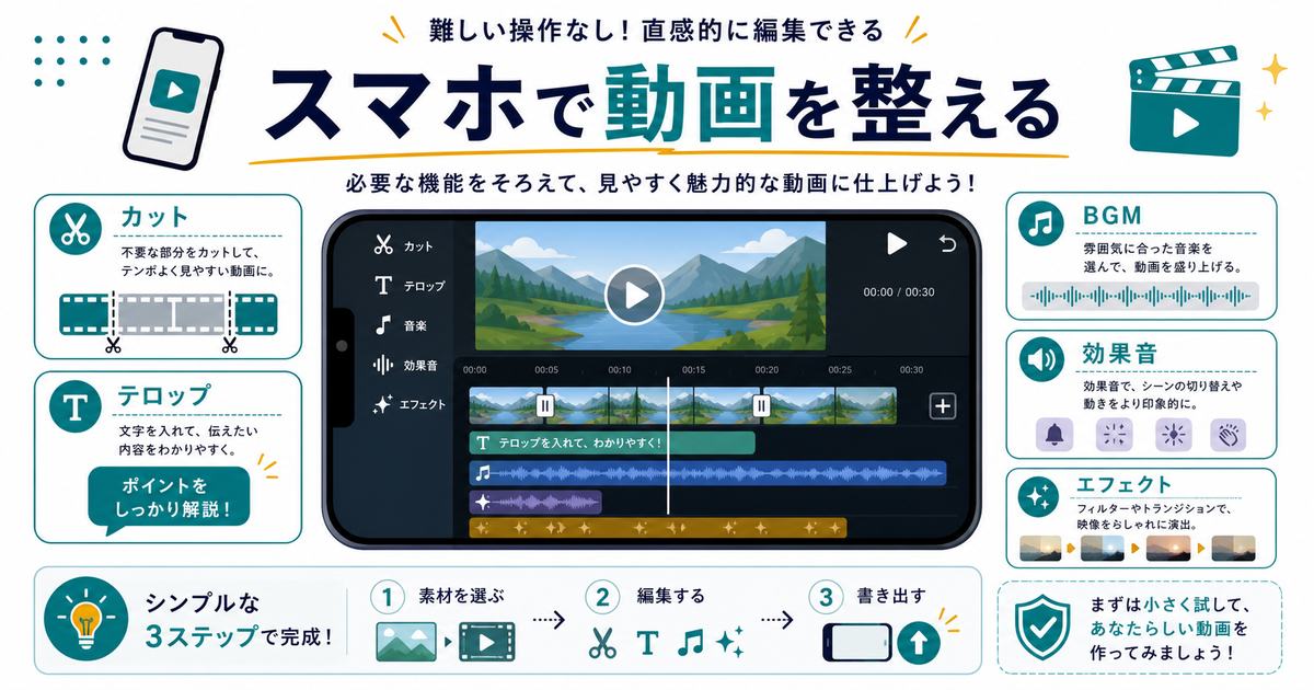 スマホ動画編集アプリでカット、テロップ、BGM、効果音、エフェクトを使って動画を整える流れを示す図解