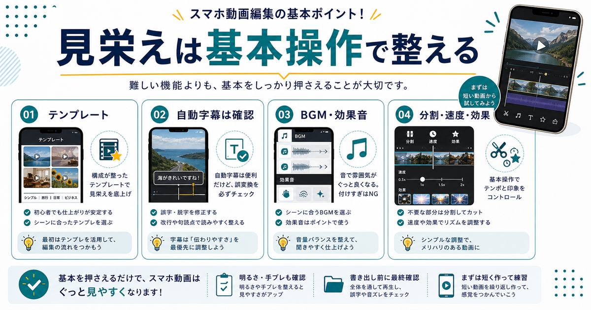 動画編集の基本操作のコツとしてテンプレート、自動字幕の確認、BGMと効果音、分割や速度や効果を示す図解