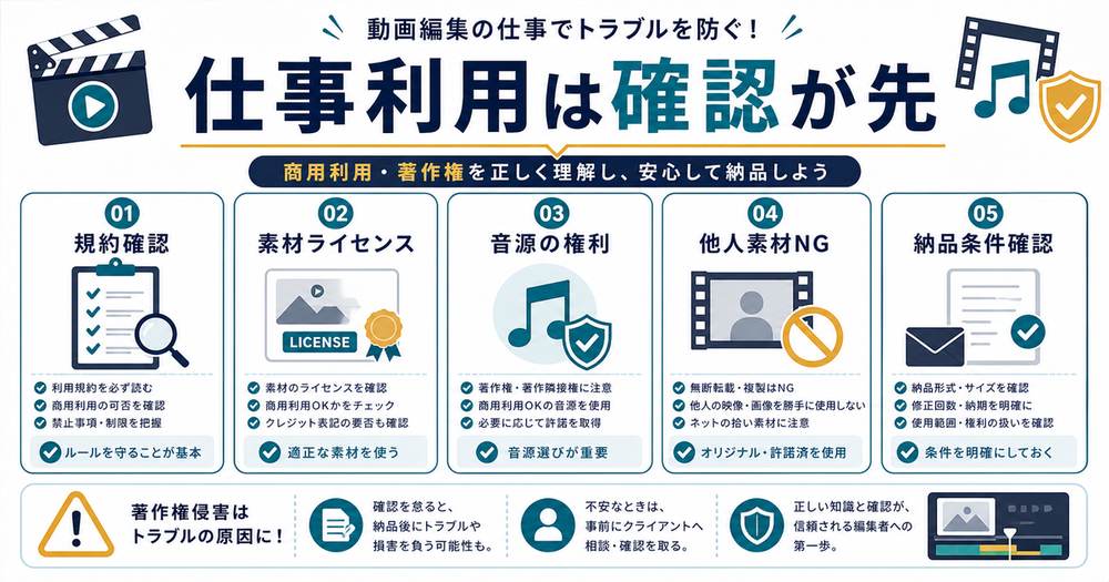 商用利用と著作権の注意として規約確認、素材ライセンス、音源の権利、他人素材の不使用、納品条件確認を示す図解