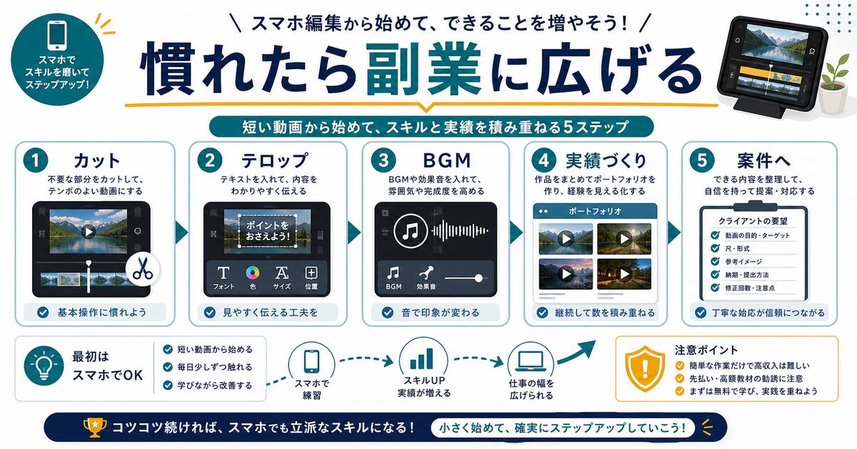 動画編集に慣れたらカット、テロップ、BGM、実績づくり、案件へと副業に広げる流れを示す図解