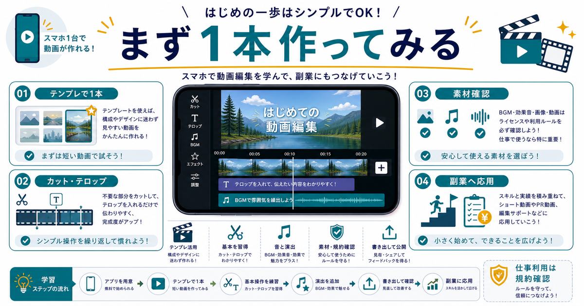 CapCut入門のまとめとしてテンプレで1本作り、カットとテロップを使い、素材を確認し、副業へ応用する流れを示す図解