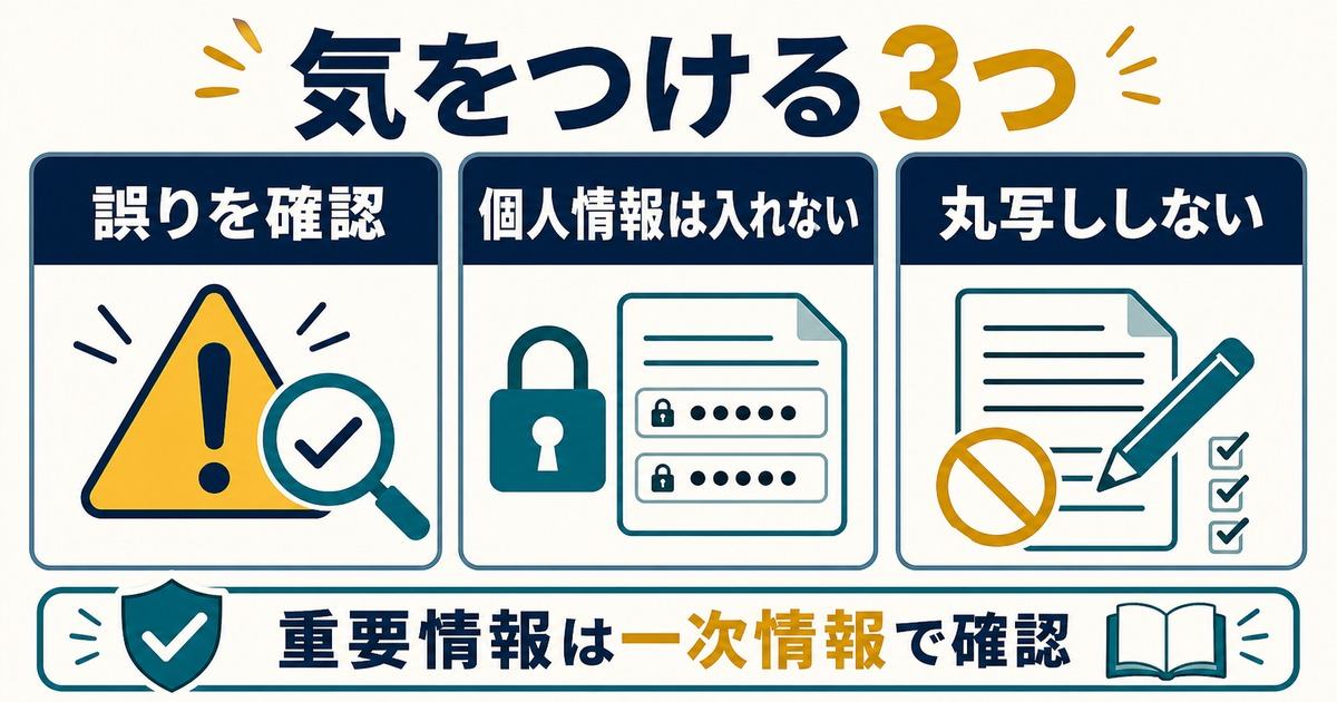 ChatGPT初心者が誤りを確認し個人情報を入れず丸写ししないための注意点をまとめた図解