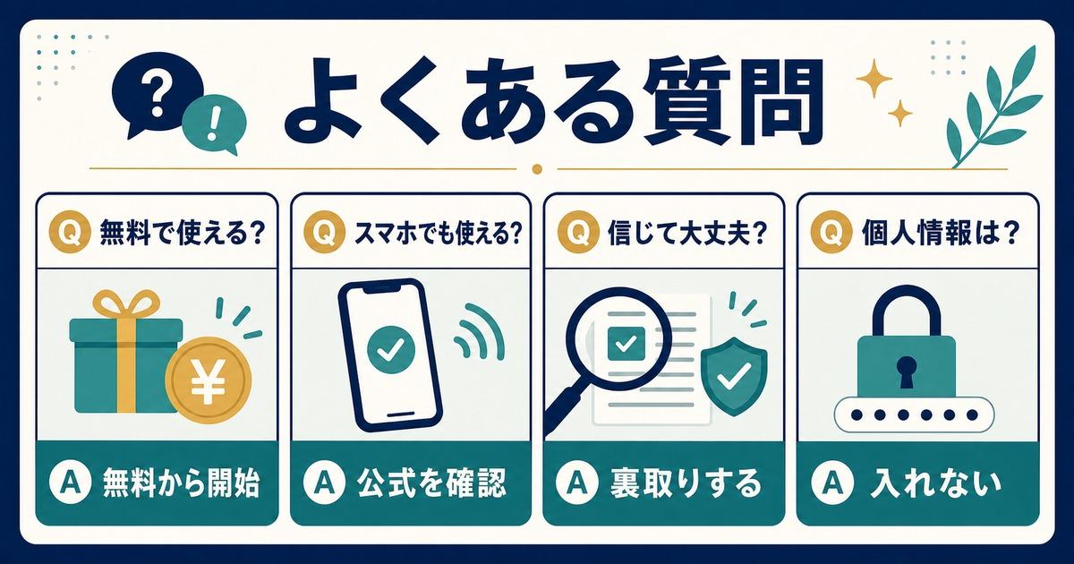 ChatGPT初心者の無料利用やスマホ利用や回答の信頼性や個人情報入力に関するFAQ図解