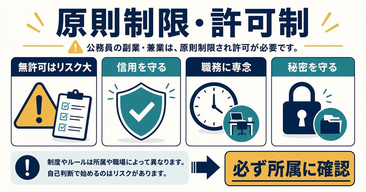 公務員の副業は原則制限と許可制で無許可はリスクが大きく所属確認が必要な図解